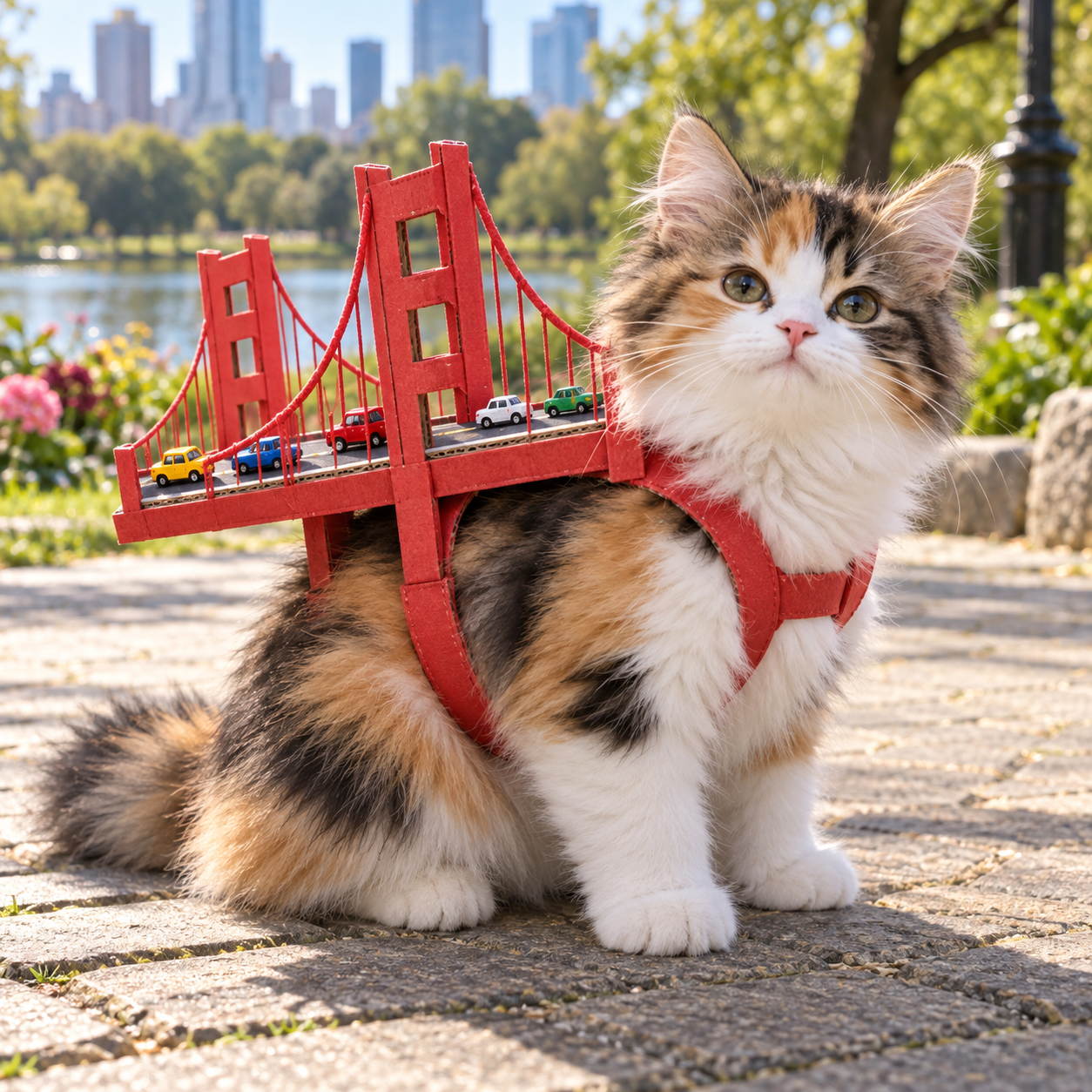 Calico kitten wearing a tiny red suspension bridge costume with toy cars