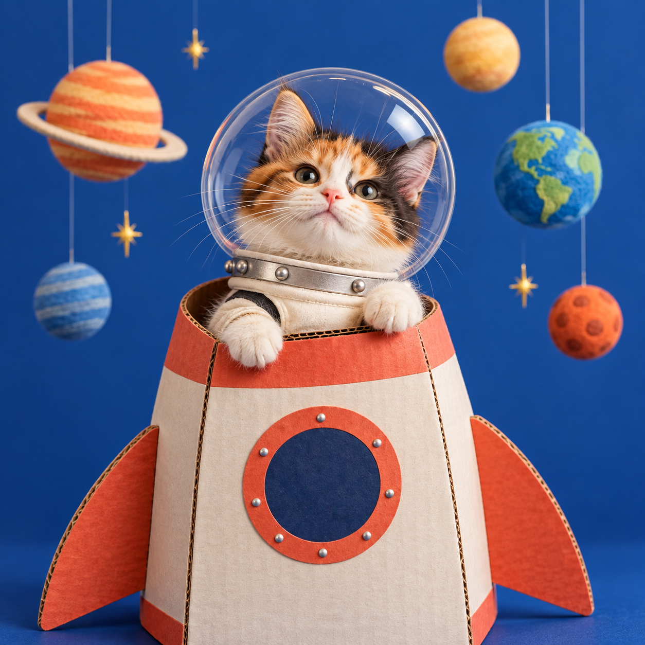 Calico kitten astronaut in a cardboard rocket beneath toy planets