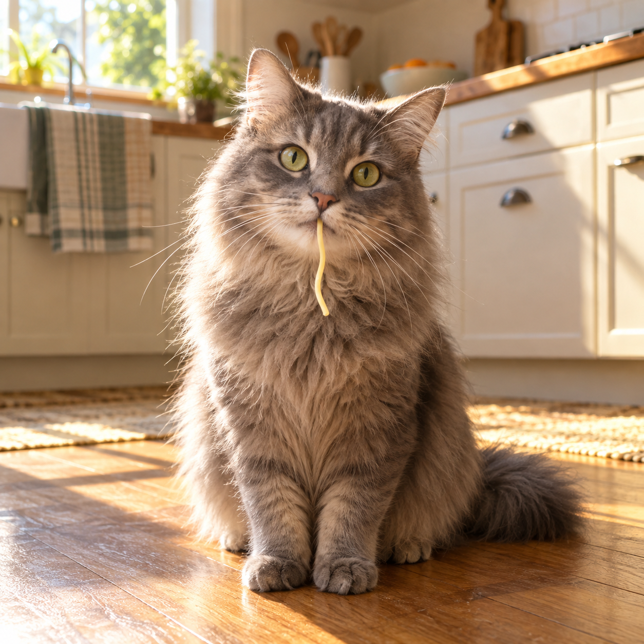 Long-haired gray cat with a spaghetti strand in its mouth in a sunny kitchen