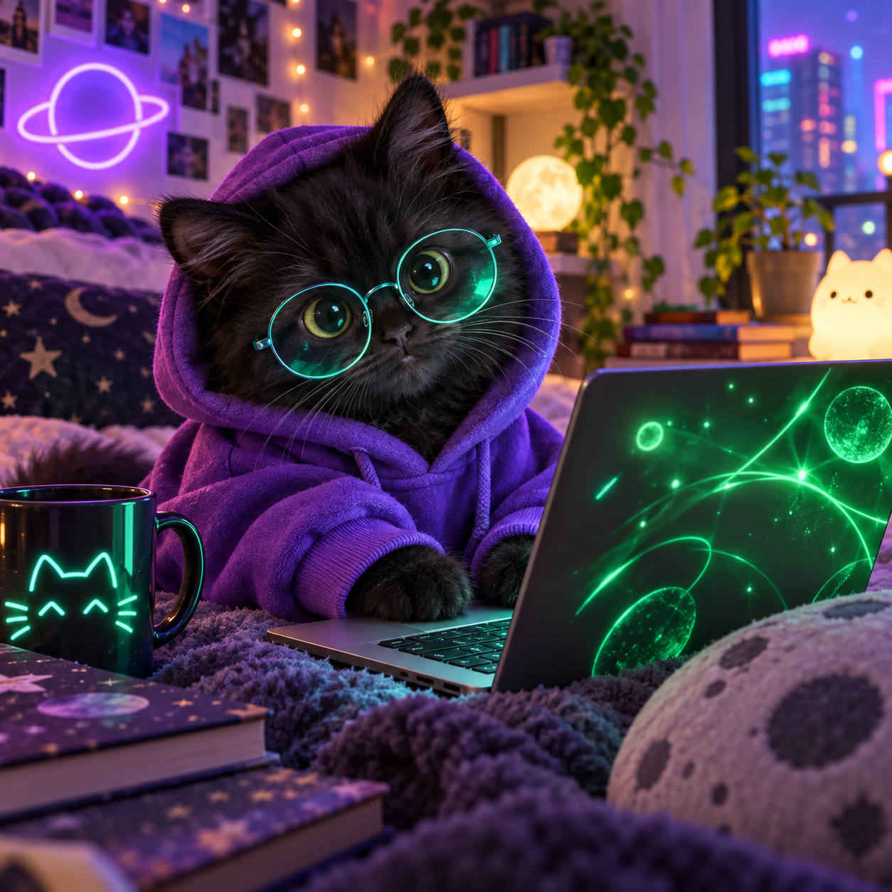 Black kitten in a purple hoodie and teal glasses beside a glowing laptop