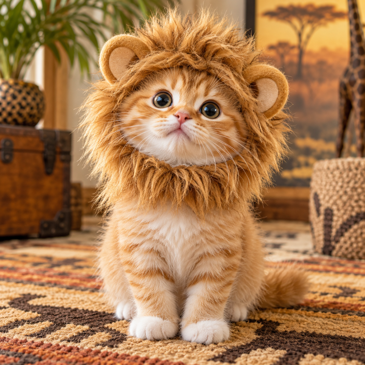Ginger-and-white kitten wearing a soft lion mane costume