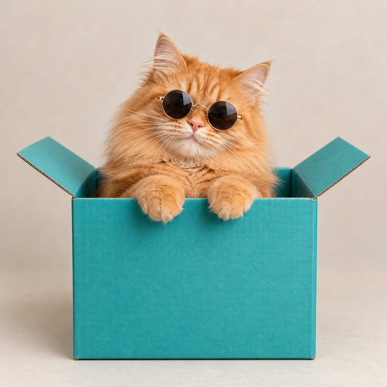 Orange cat in round sunglasses peeking from a teal cardboard box
