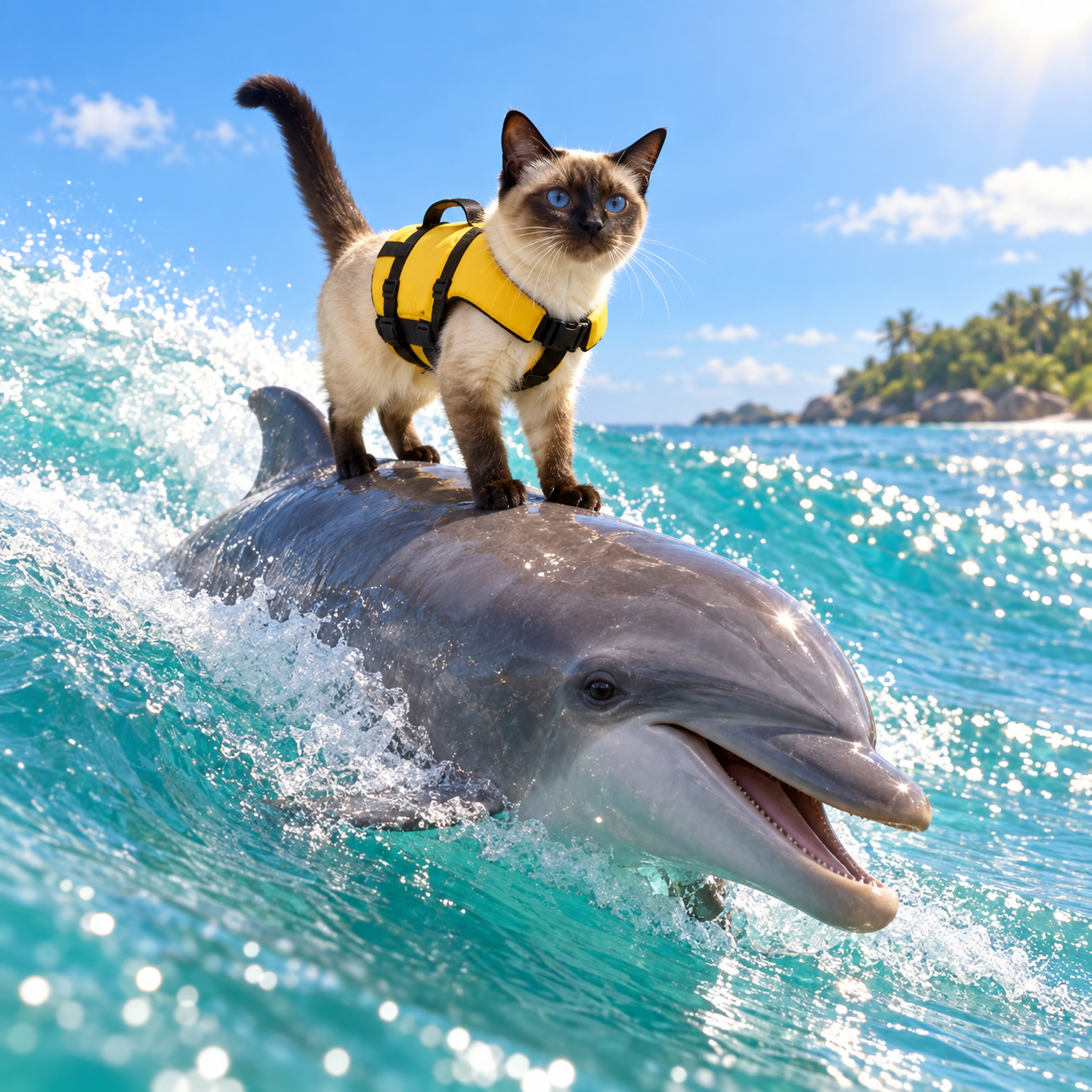 Cream-point Siamese cat in a yellow life jacket surfing on a dolphin in turquoise water