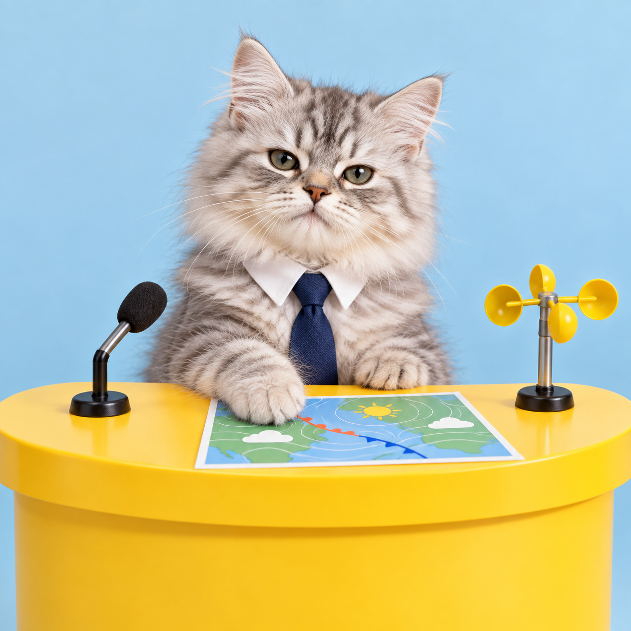 Silver tabby kitten at a yellow weather desk with a microphone and anemometer