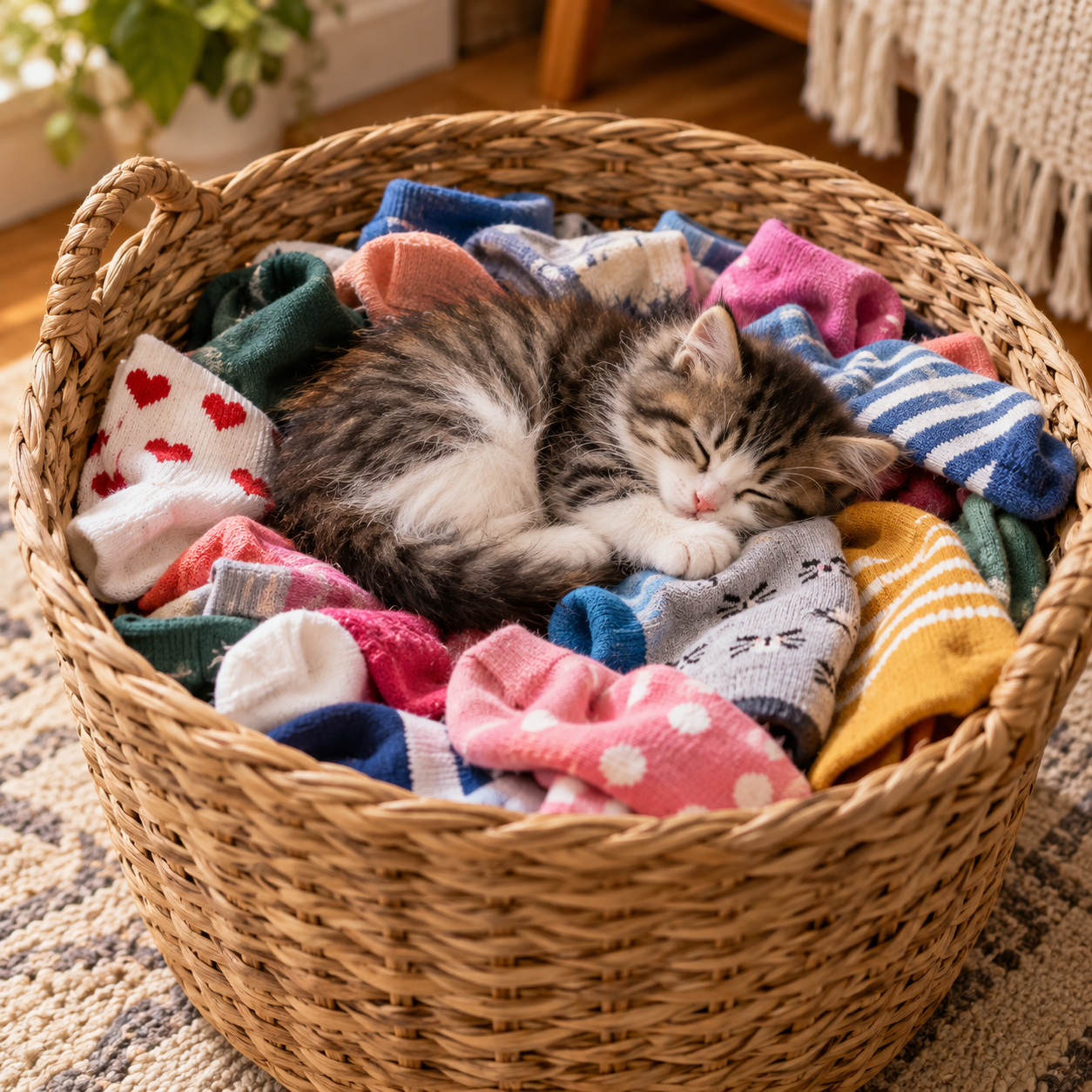 Fluffy kitten asleep in a laundry basket filled with colorful socks