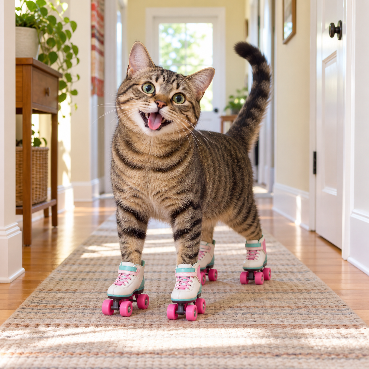 Tabby cat in tiny roller skates in a cheerful hallway