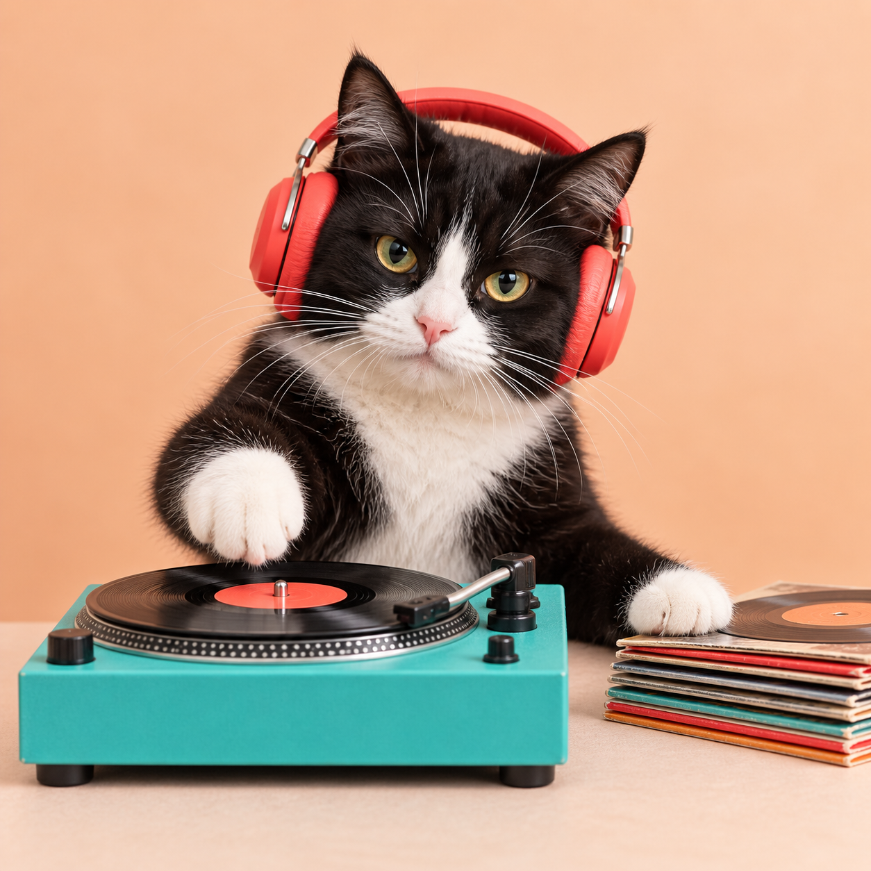 Tuxedo cat DJ wearing coral headphones beside a turquoise turntable