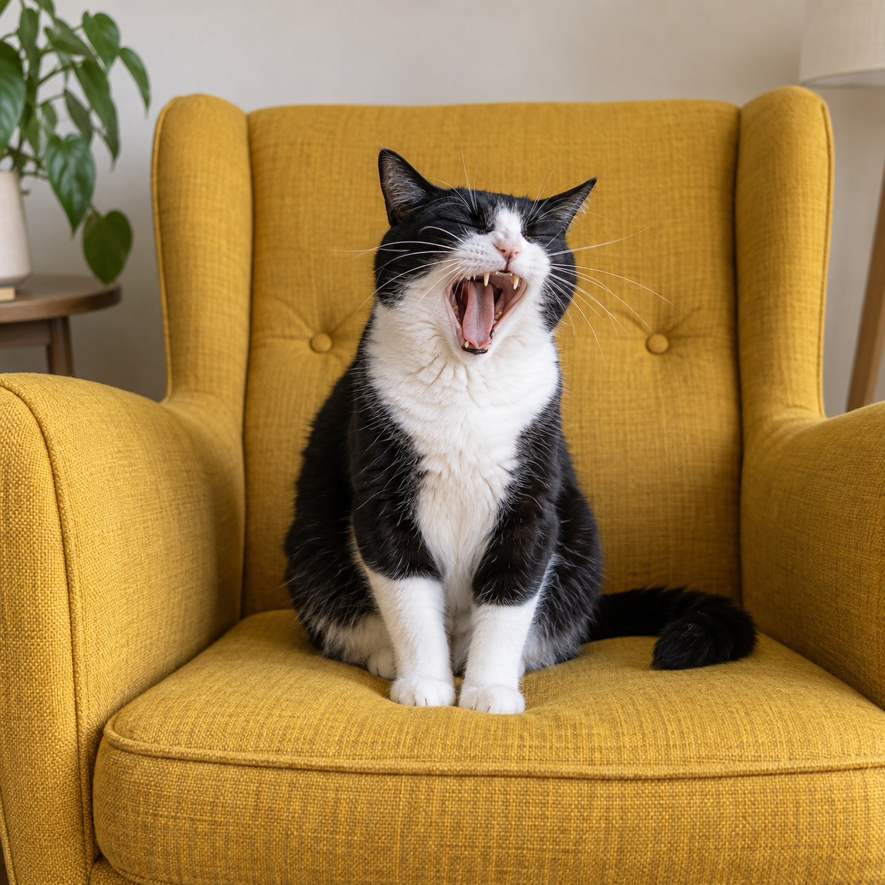 Tuxedo cat caught in an enormous yawn on a mustard armchair